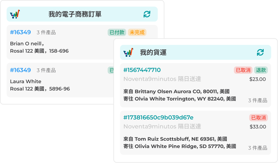 Envia.com的运输和订购桌小部件的图像。