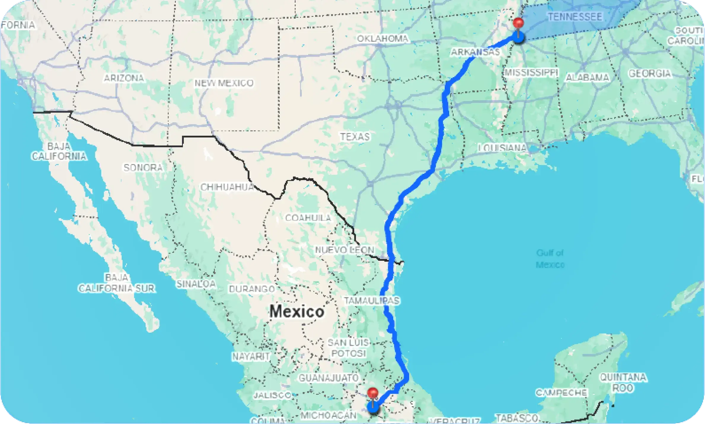 Ruta de CDMX a Memphis, TN