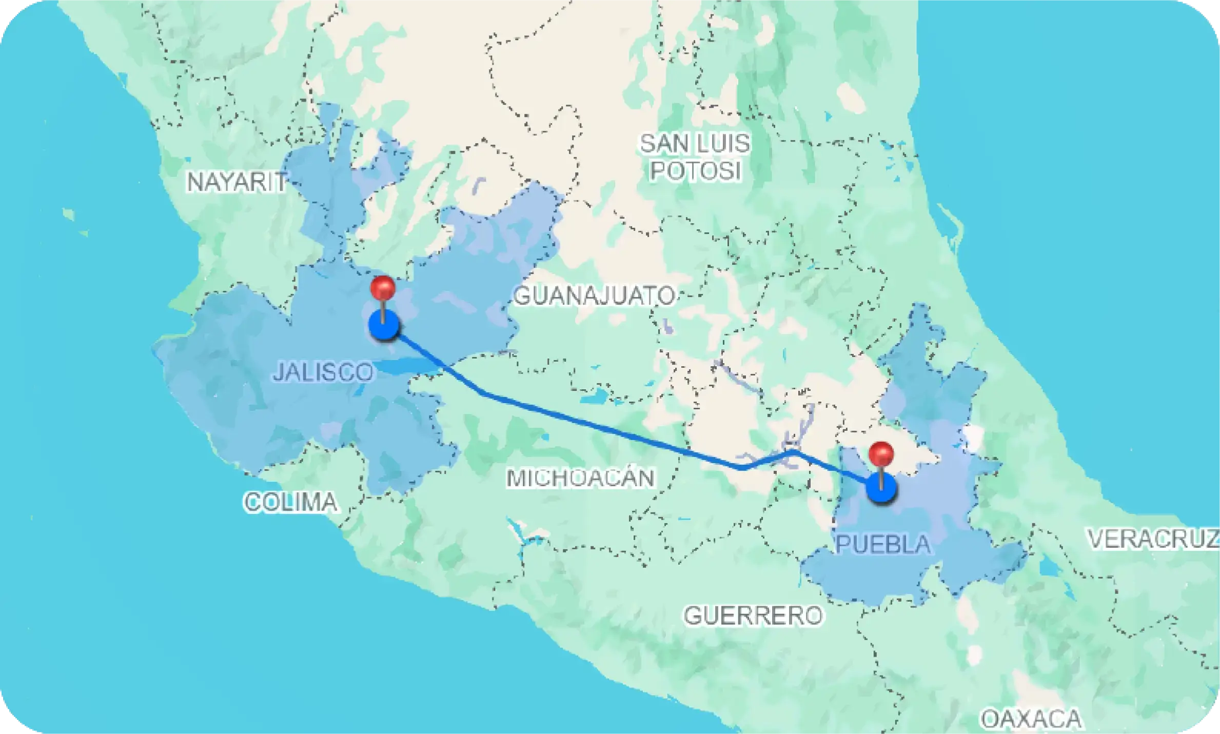 Ruta de Puebla a Guadalajara